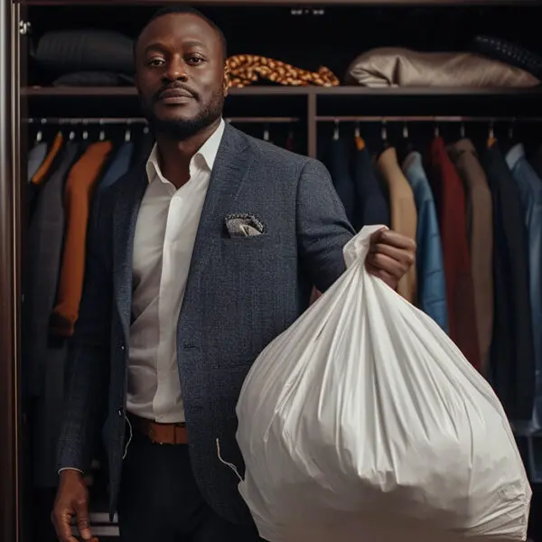 guy holding bag with clothes to trash out