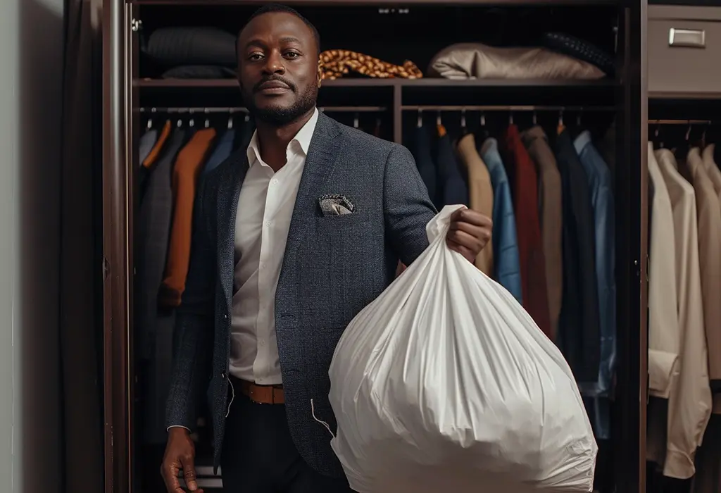 guy holding bag with clothes to trash out