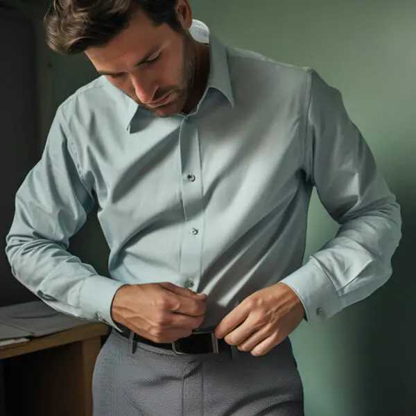 man tucking dress shirt in