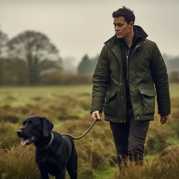 man in waxed jacket walking with black dog through the fields