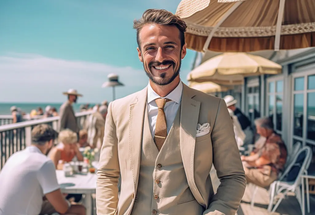 man wearing tan suit