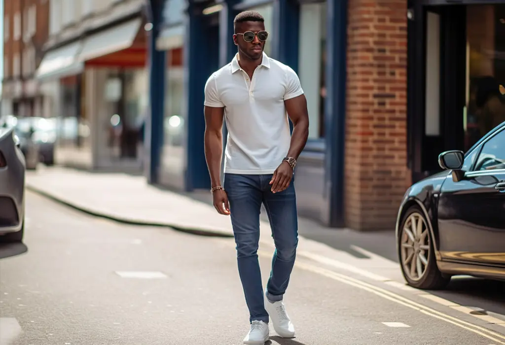 man in his 30s wearing white dress sneakers