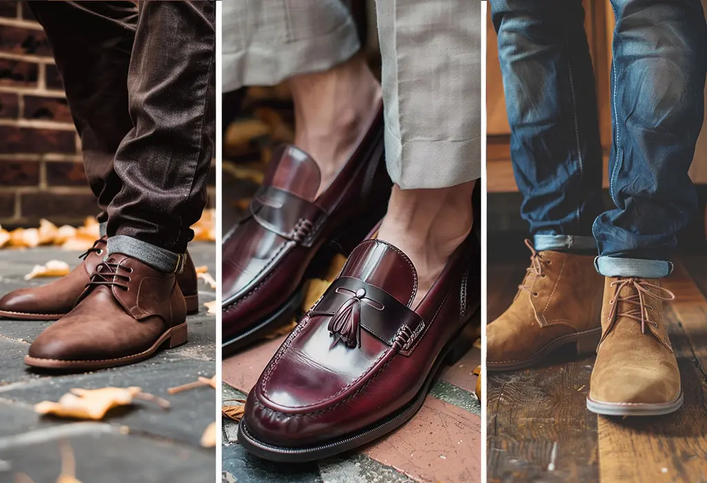 photos side by side featuring brown casual derby shoes, oxblood loafers, and tan suede chukka boots