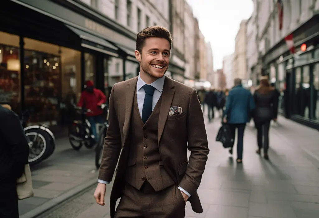 man wearing brown suit