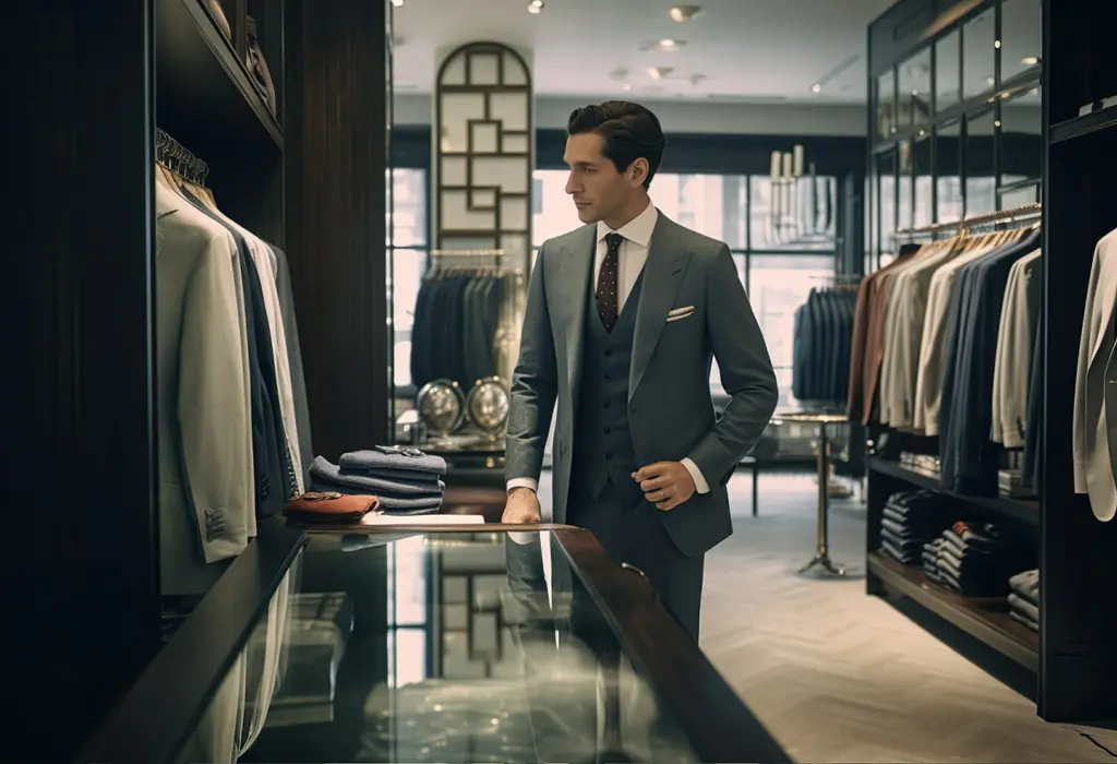 well dressed man n three piece suit inside suit store