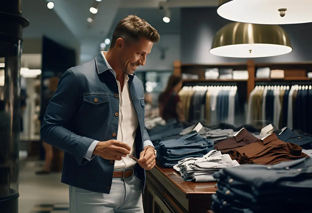 man choosing which clothes to buy in a store