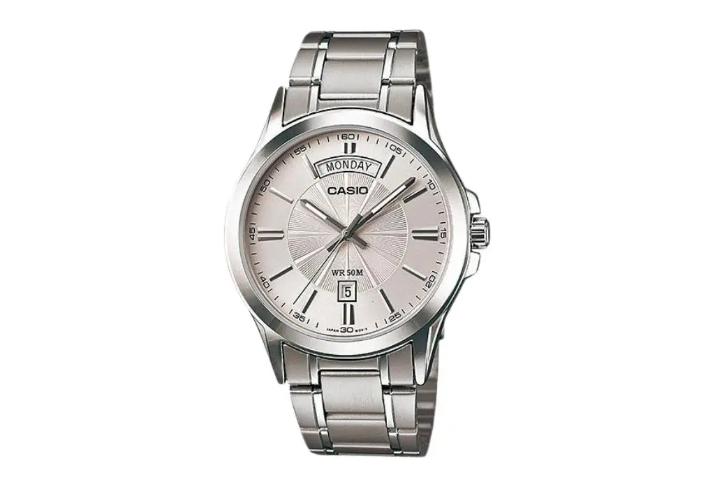 casio day-date silver watch