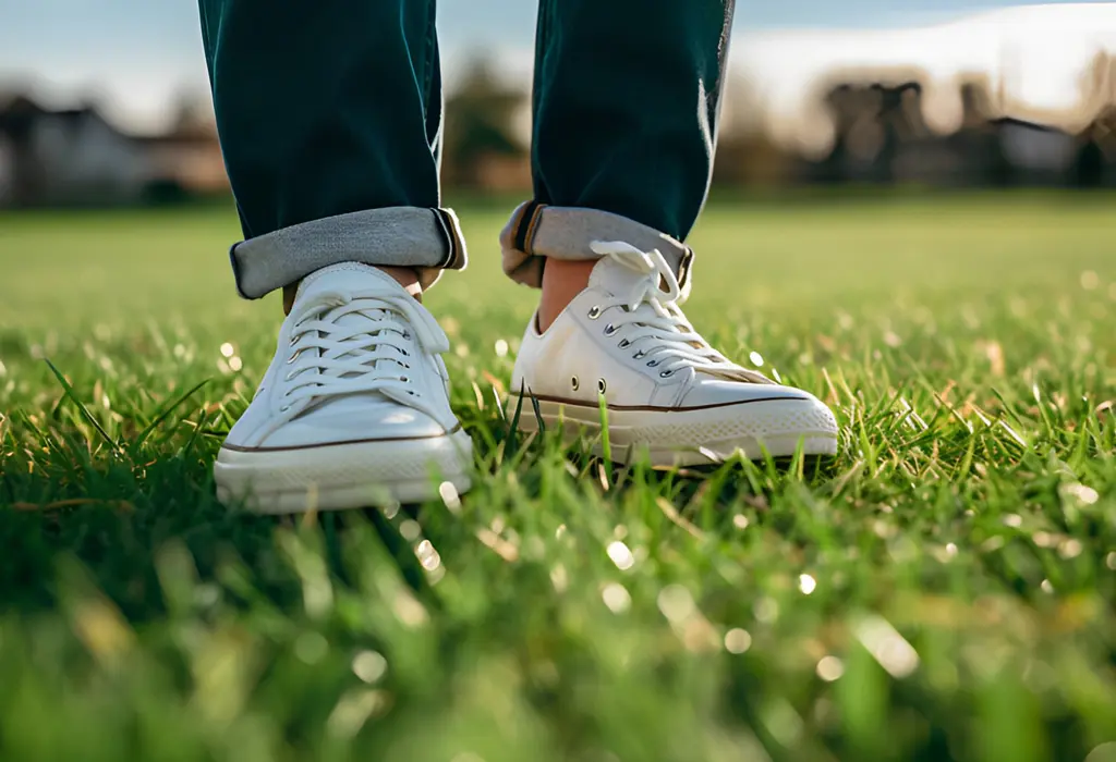 white sneakers worn in the grass