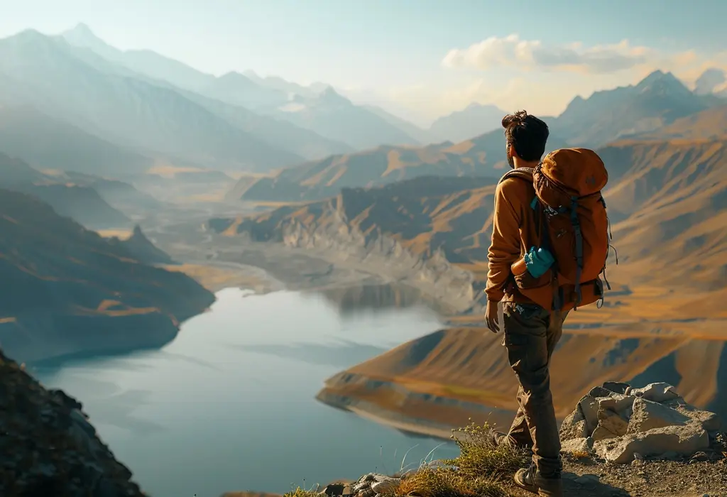 young man on the rock looking at mountain landscape with river