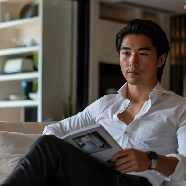 handsome man wearing dress shirt reading fashion magazine