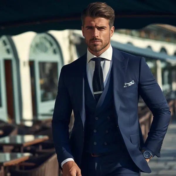 man wearing 3-piece navy blue mtm suit