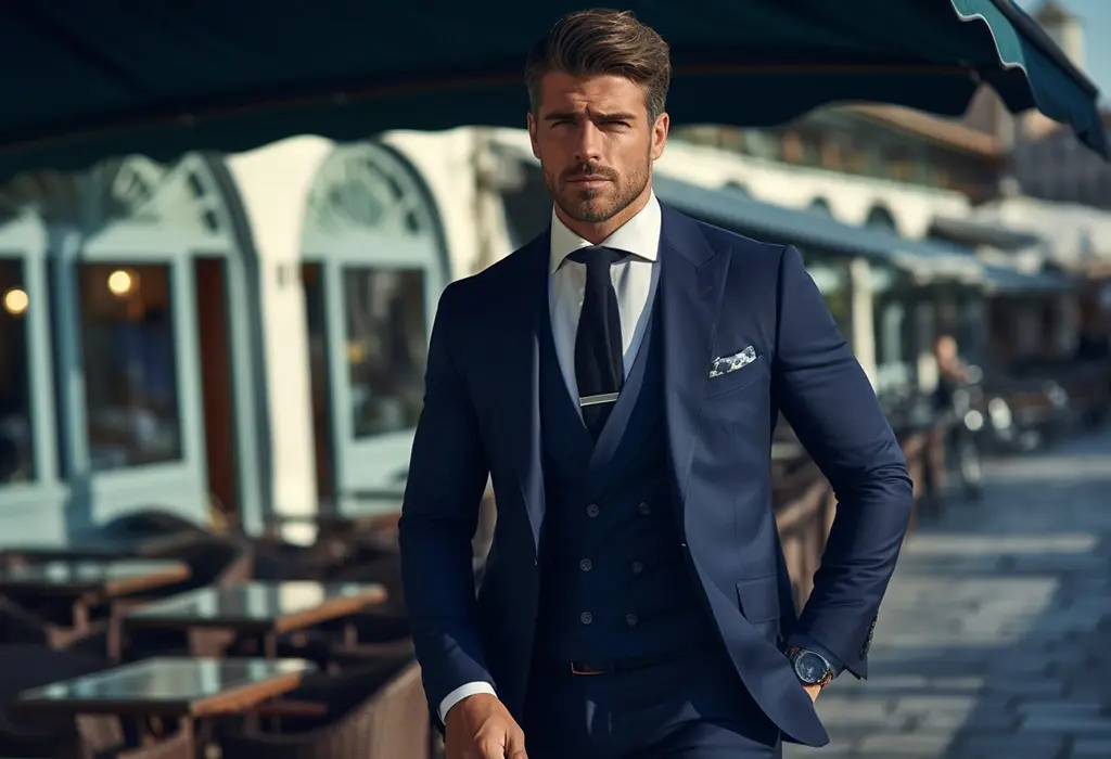 man wearing 3-piece navy blue mtm suit