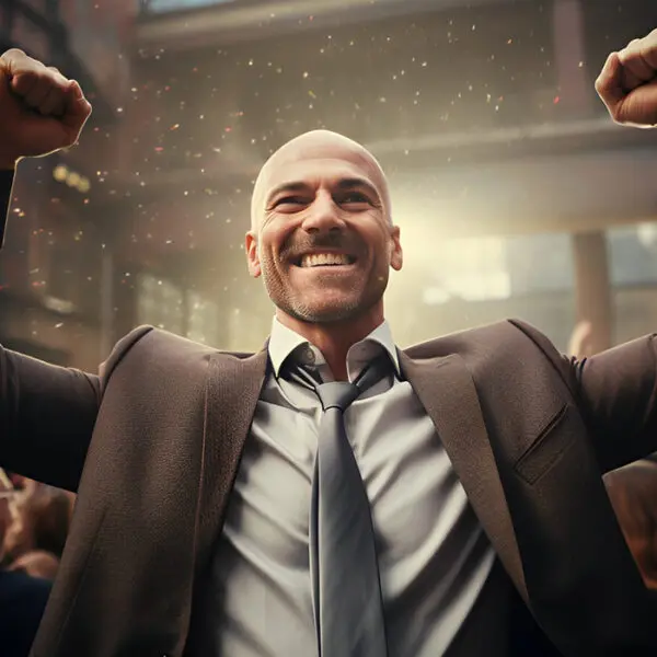 Exuberant man in a business suit with raised fists, celebrating a victory or success among a blurred crowd, with a feeling of accomplishment and joy in the moment.