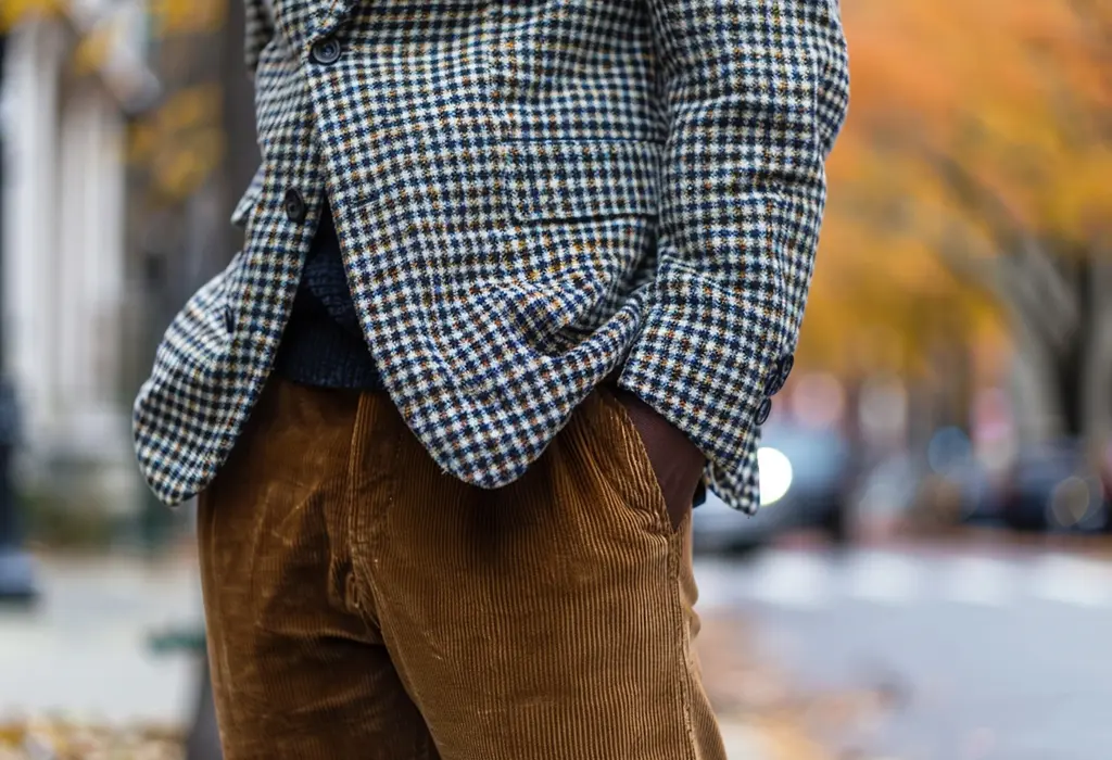 man wearing a tweed houndstooth jacket with corduroy pants