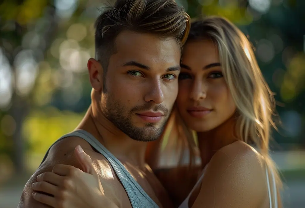 A couple intimately standing together, with the man in front looking directly at the camera and the woman behind him, partially obscured, both set against a bokeh of greenery