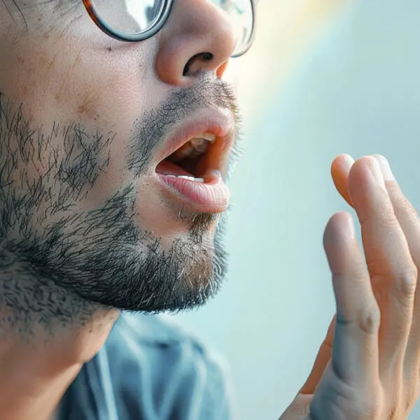 guy examining the smell of his breath