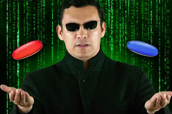 antonio centeno in matrix movie style with red and blue pills