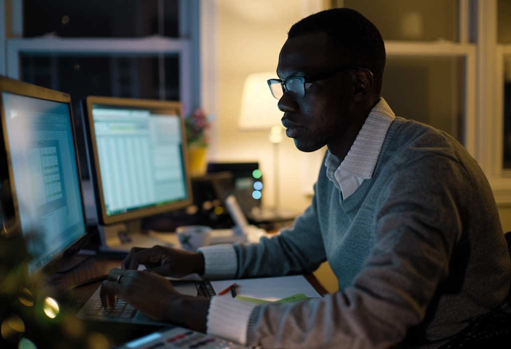 man wearing tasteful eyeglasses while looking at his computer in an office