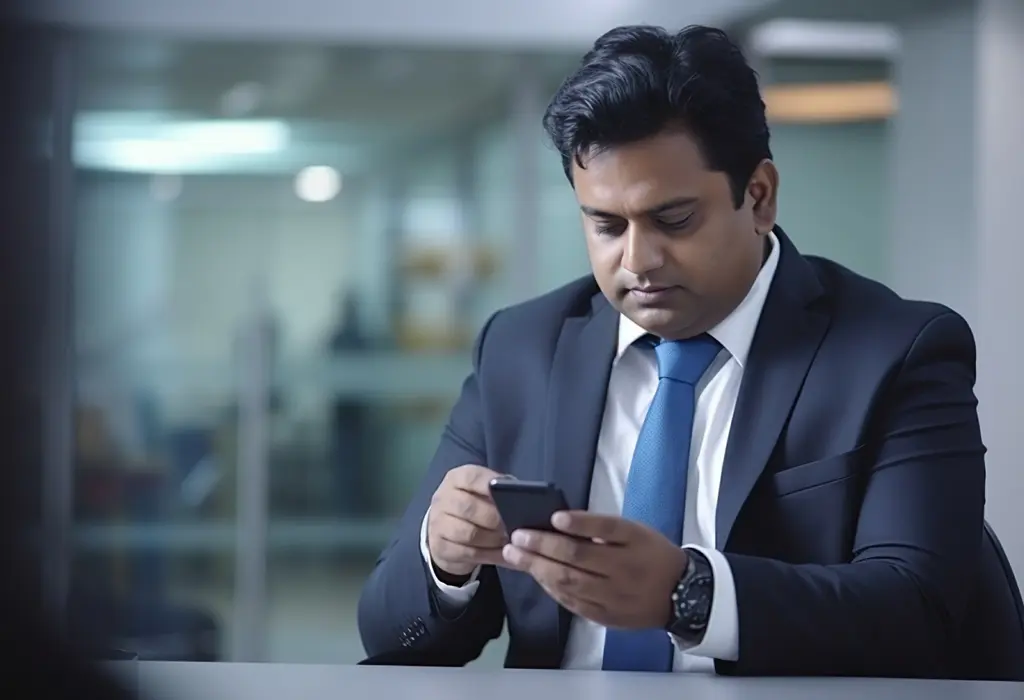 man in business suit checking mail on his phone