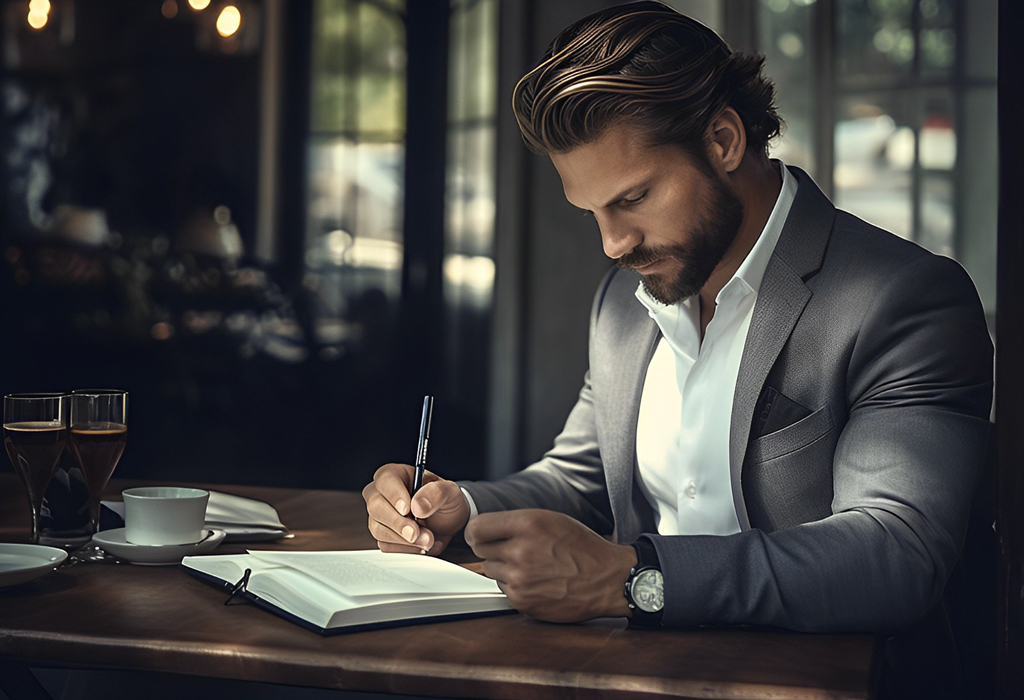 man writing in his journal