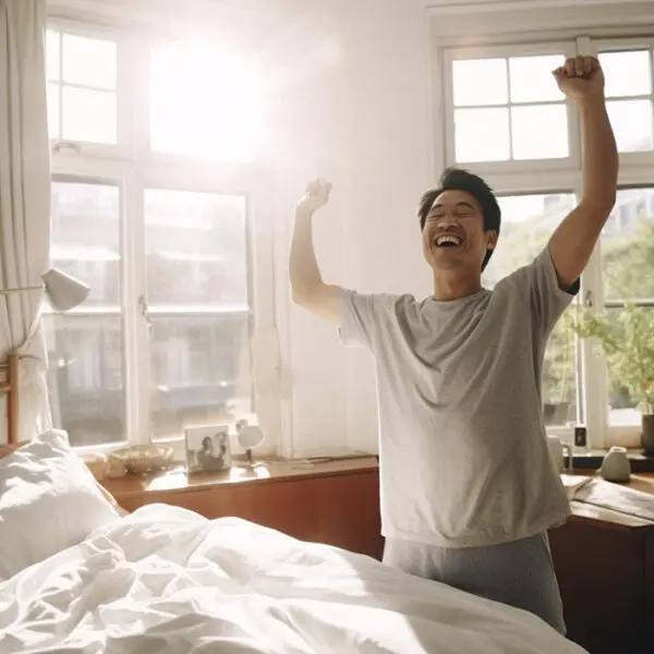 man in a bright, sunlit bedroom stretching with his arms raised in victory, exuding energy and positivity as he welcomes the new day