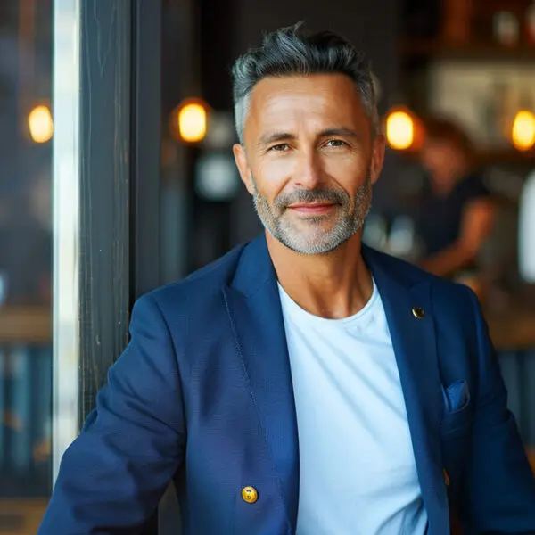 handsome middle-aged man at a cafe wearing a blue navy blazer with gold buttons over a white t-shirt