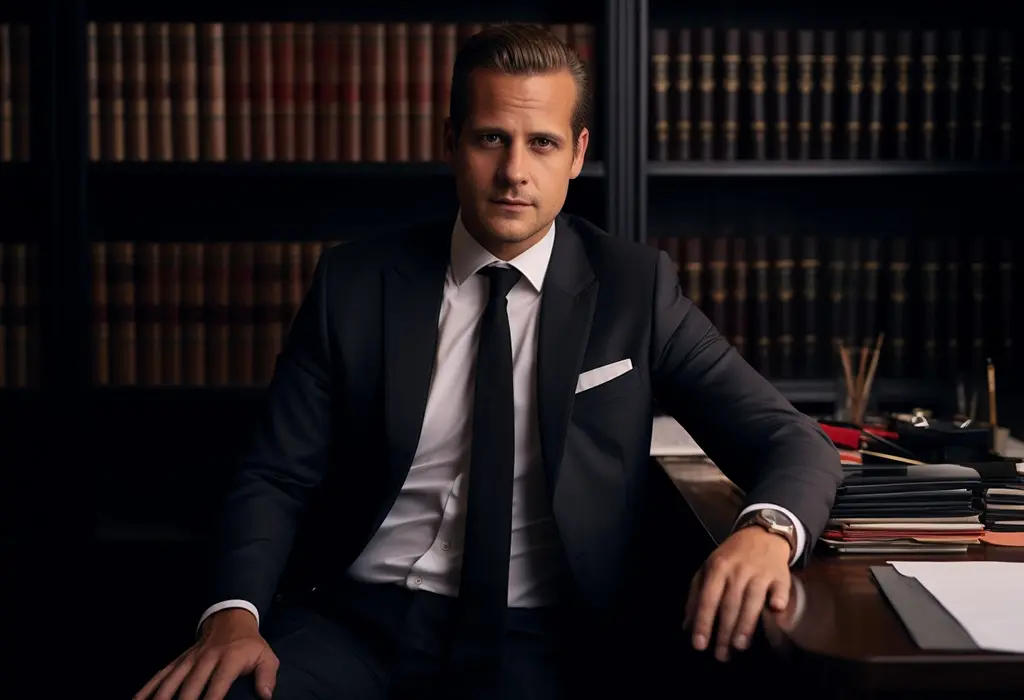 harvey specter sitting in the office dressed in suit