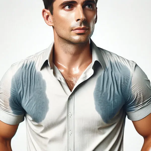 sweating man in short sleeve shirt