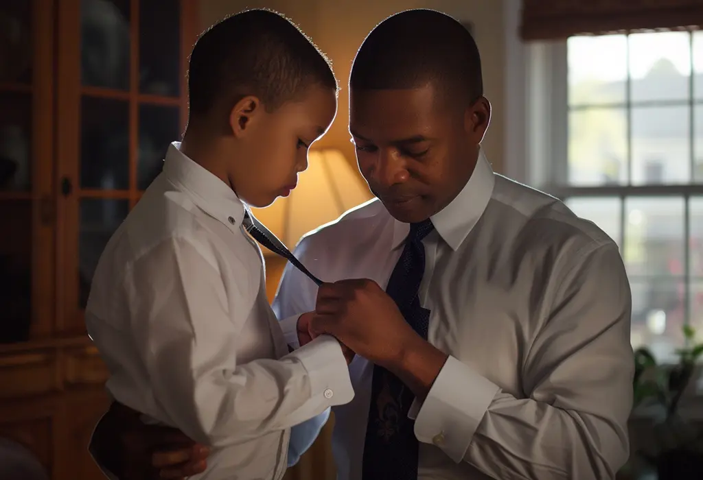 father teaches son how to tie a tie