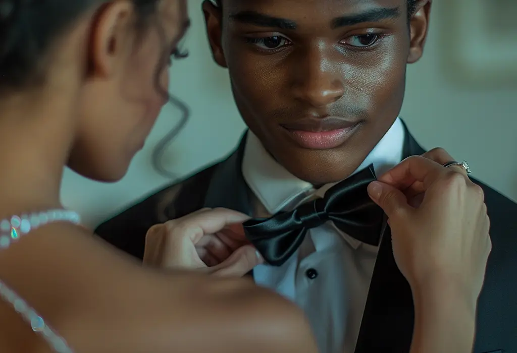 girl tying a bowtie on a man