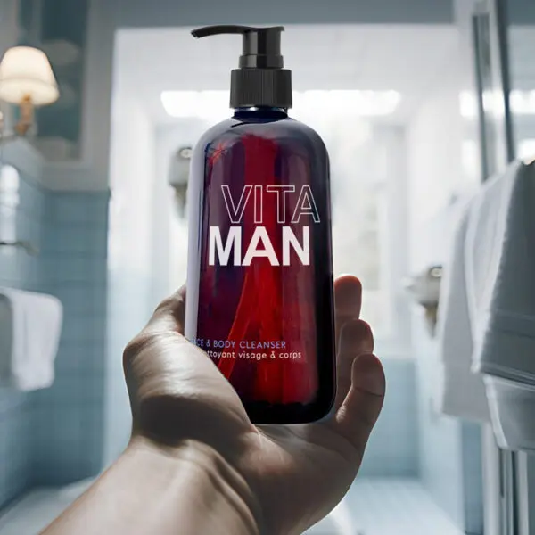 hand holding a transparent bottle of "VITA MAN" face and body cleanser with a dynamic red liquid inside, showcased against a clean, blue-tiled bathroom background with soft lighting, evoking a modern and masculine hygiene routine