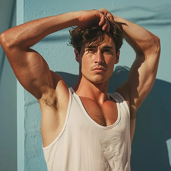 A man posing confidently against a light blue wall with his arms raised behind his head, showcasing a relaxed and casual stance in a white tank top.