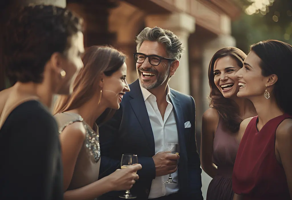 man surrounded by younger women