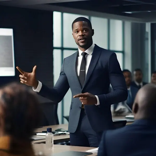 man making presentation among colleagues