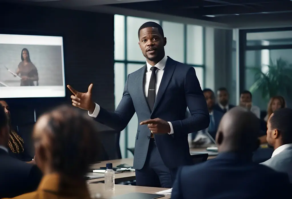 man making presentation among colleagues office speech business 