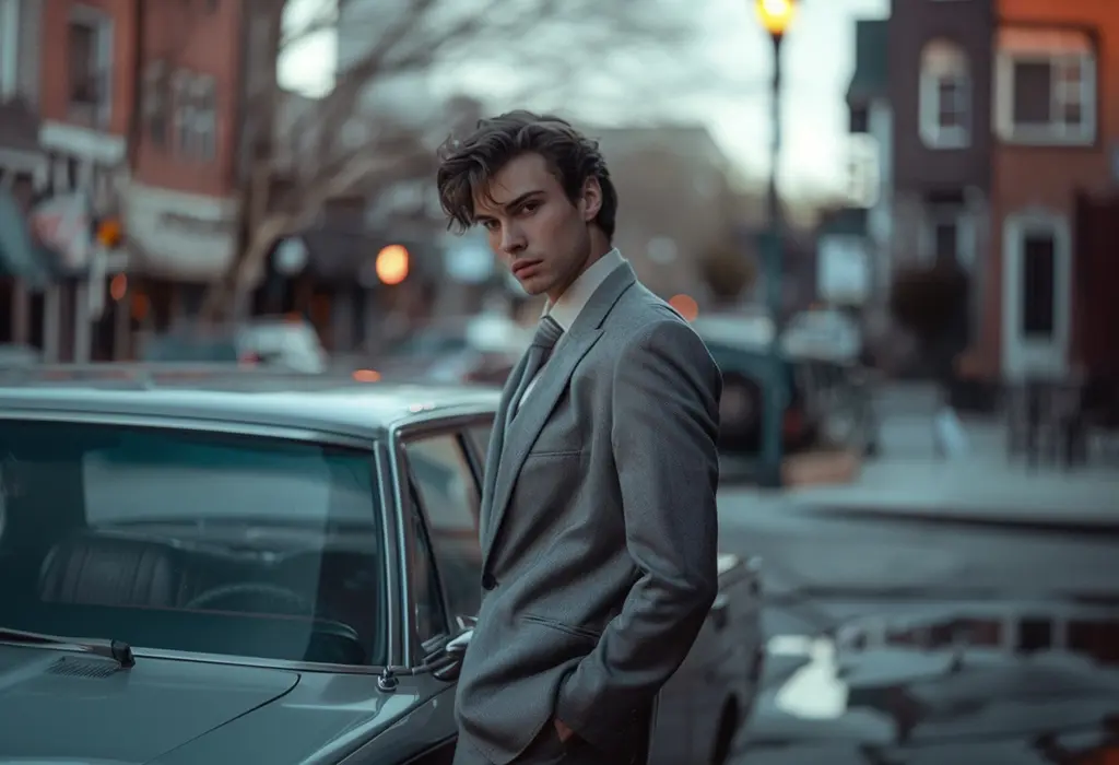 man wearing suit and tie with fluffed hair