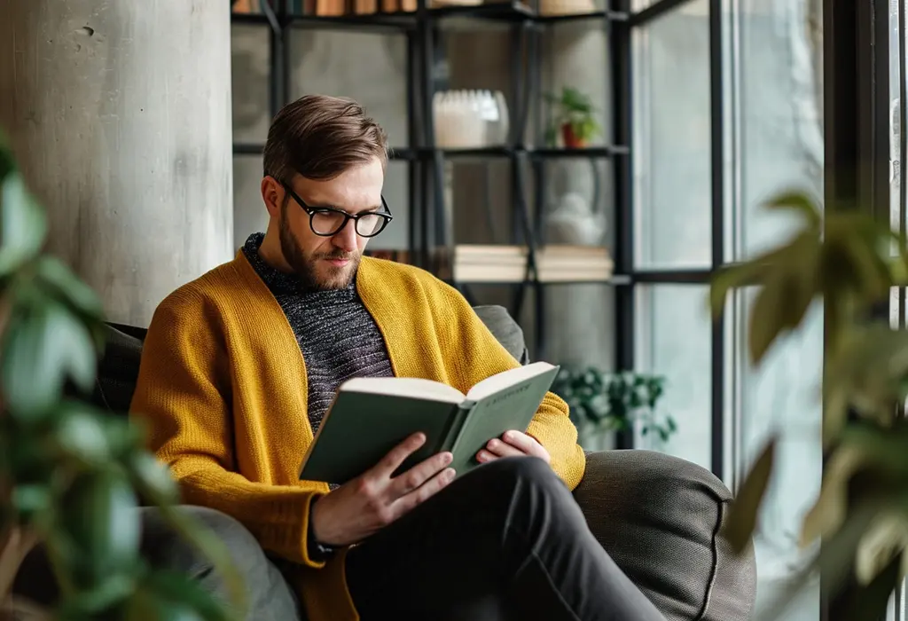 young man reading book in a chair