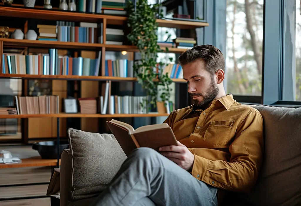 man sitting on a coach and reading book