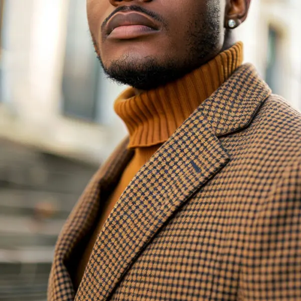 smart casual style - black guy wearing a brown houndstooth blazer over a turtleneck sweater