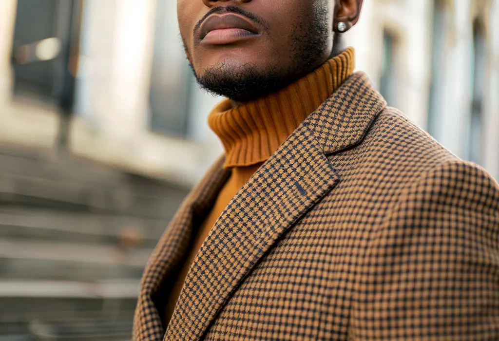 smart casual style - black guy wearing a brown houndstooth blazer over a turtleneck sweater