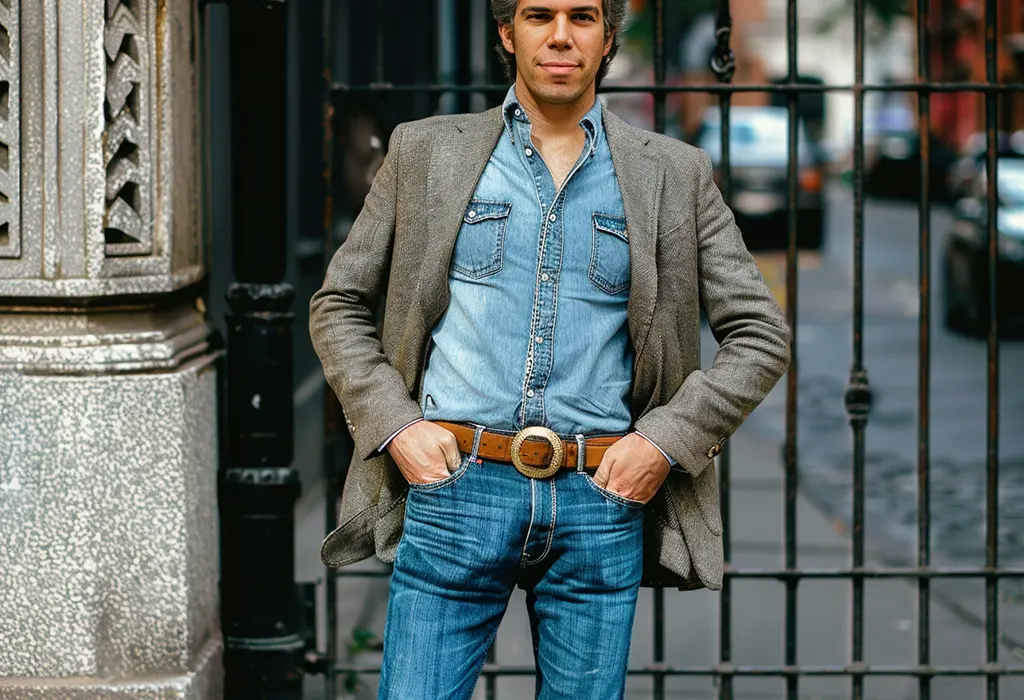 man wearing blue jeans with denim western shirt and gray tweed sport coat