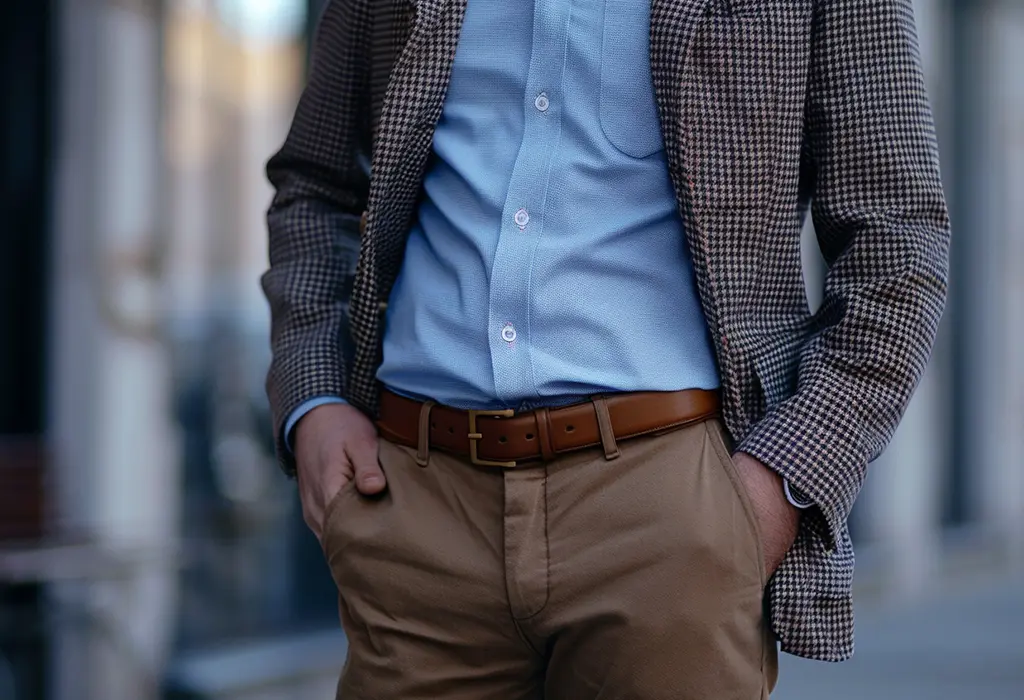 man wearing brown pants, blue oxford shirt, and a brown houndstooth sport coat