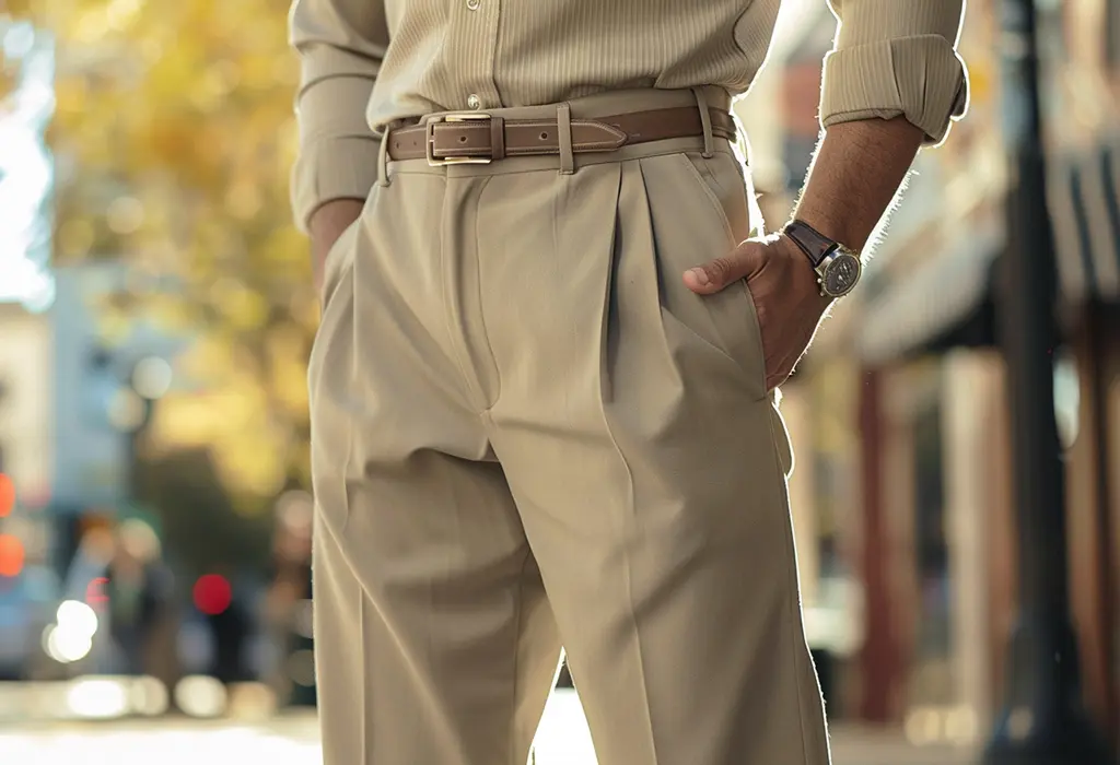 man wearing high-waisted, pleated khakis