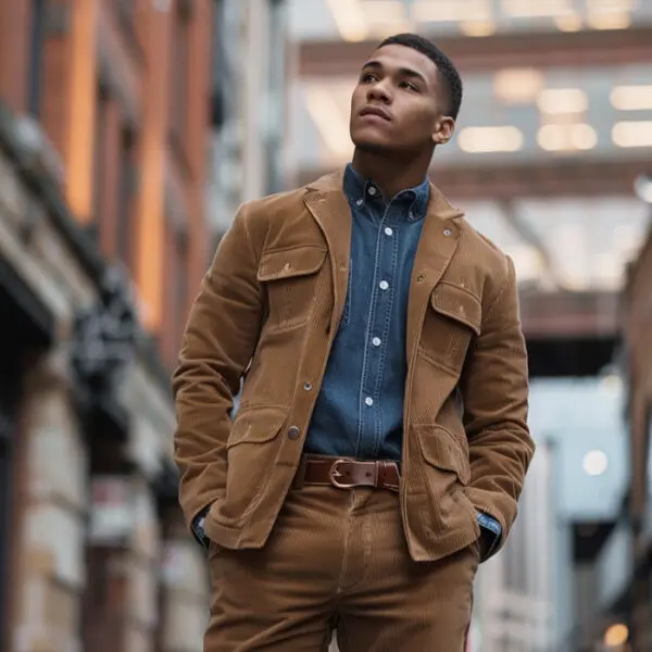 man wearing light brown corduroy suit with patch pockets on the jacket, paired with dark denim shirt