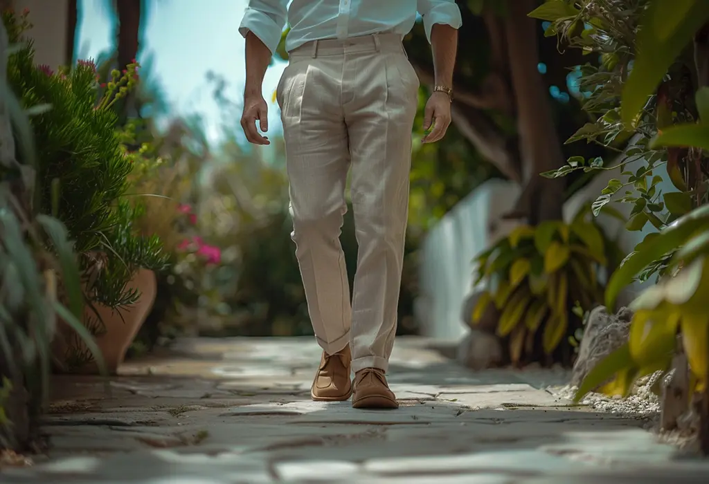 Man wearing linen pleated trousers