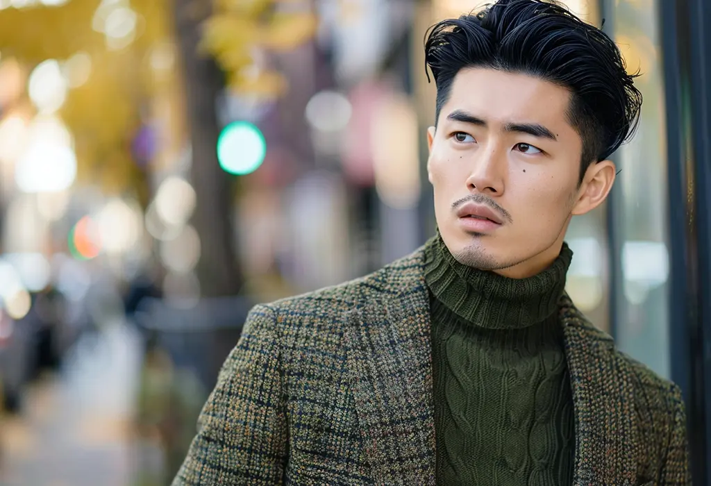 Man wearing olive-colored tweed jacket over turtleneck sweater