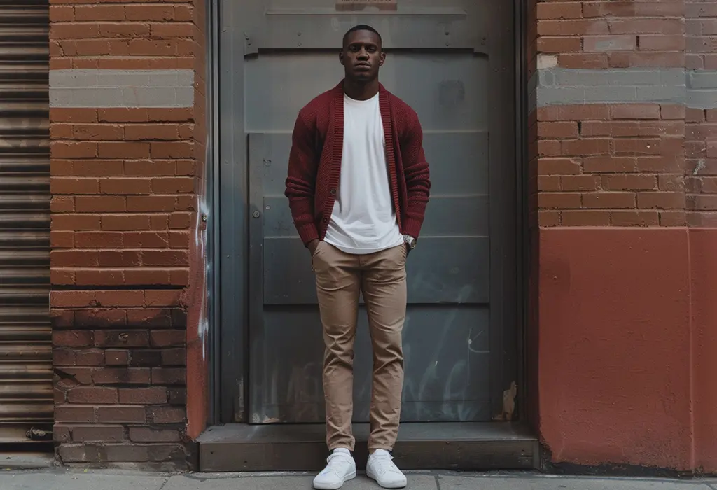 man wearing relaxed fit khakis with a white t-shirt, white tennis sneakers, and a maroon cardigan sweater