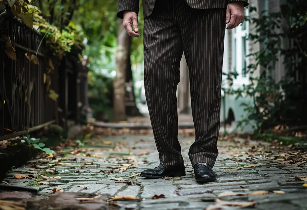 Man wearing wide-leg, chalk-striped wool trousers