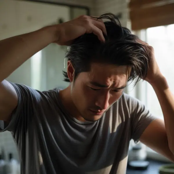 man examining his hair before home haircut