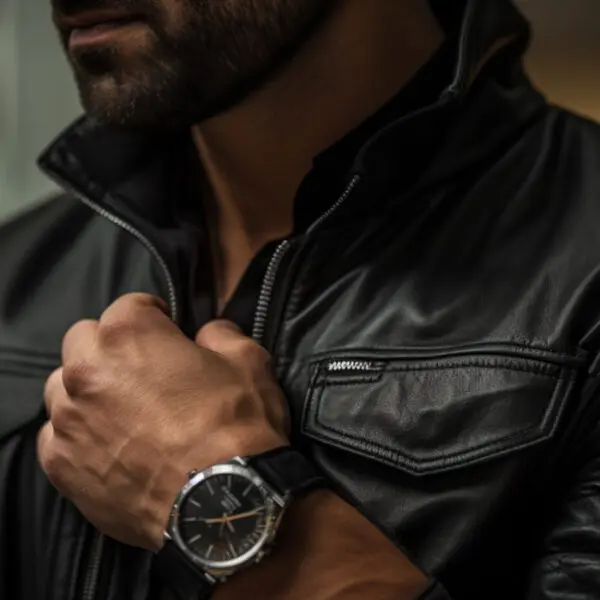 man matching watch with leather jacket